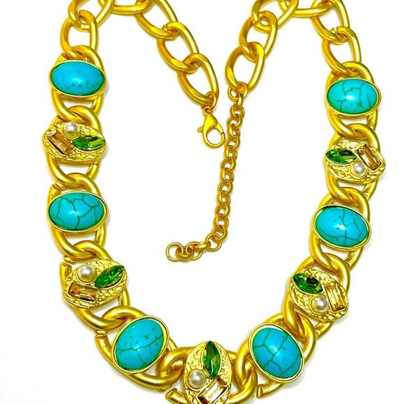 Chunky Chain Necklace Blue Turquoise Peridot Gold Choker Collar O18 - Picture 1 of 6